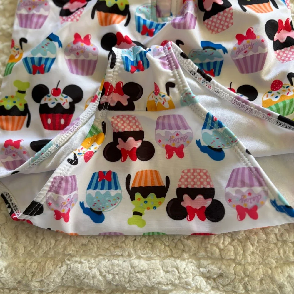 Disney Girls Mickey Minnie Cupcake One Piece Swimsuit Pink‎ White Zip Front 7/8